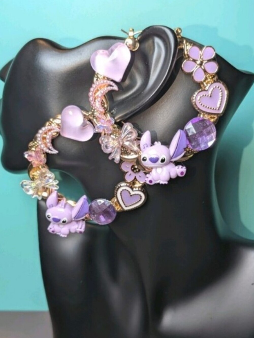 Hand Crafted Lavender Charm Hoop Earrings with Hearts & Flowers